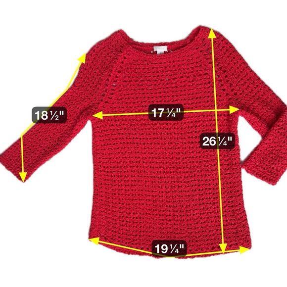 Chicos Open Knit Red Sweater Size 1 M/8 Crochet Pullover Lightweight Holiday SEE - Picture 3 of 9